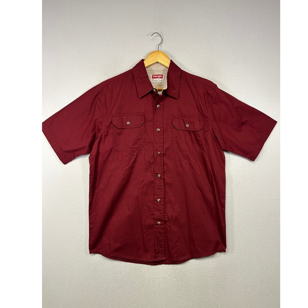Workwear Wrangler Mens Med Burgundy Red Short Sleeve Button Down Utility Shirt